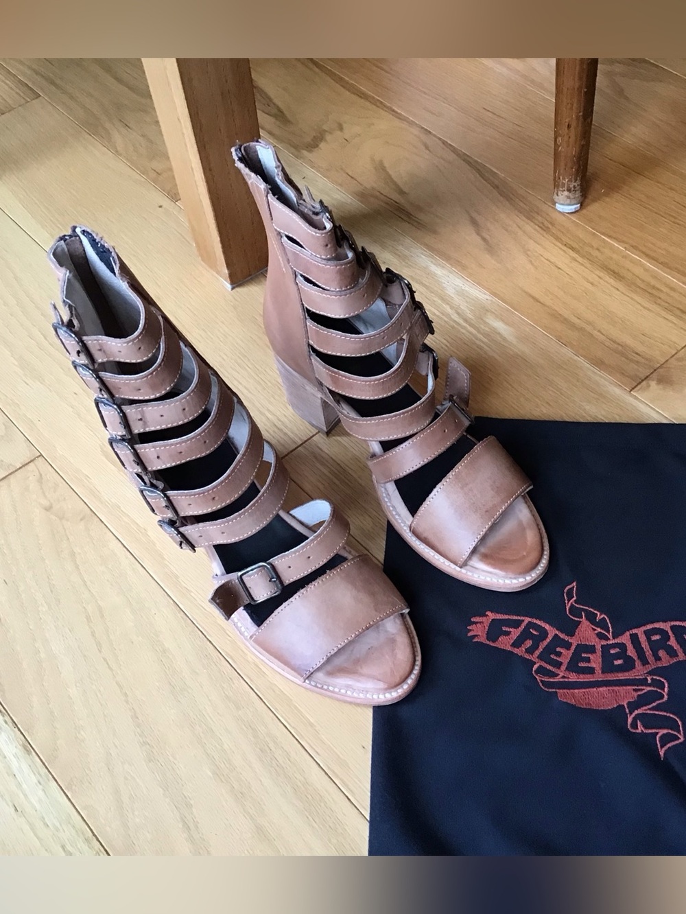 freebird Tan Strappy Buckle Block Heel Gladiator Sandals